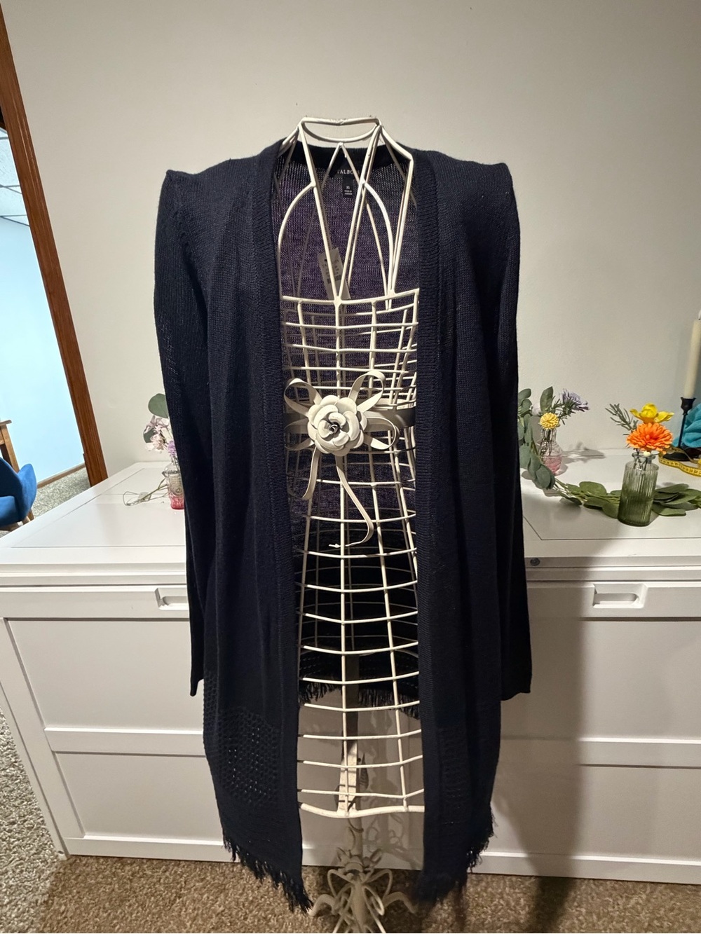 Talbots Navy Long Open-Front Fringe Cardigan